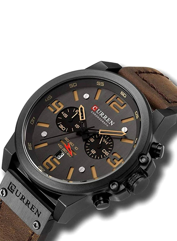 Curren Analog Watch for Men with Leather Band, Water Resistant and Chronography, 8314, Coffee-Coffee