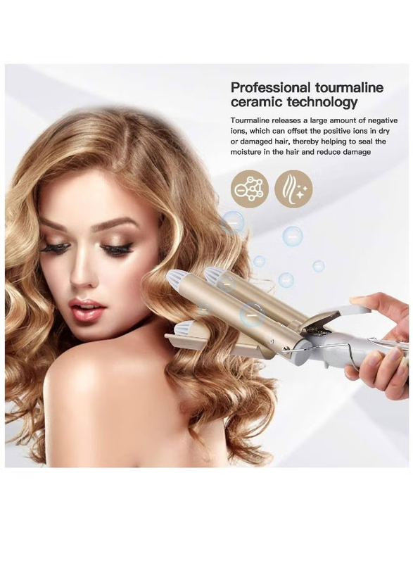 Rozia Professional 3-Barrel Curling Iron With 2-Speed Temperature, White/Gold