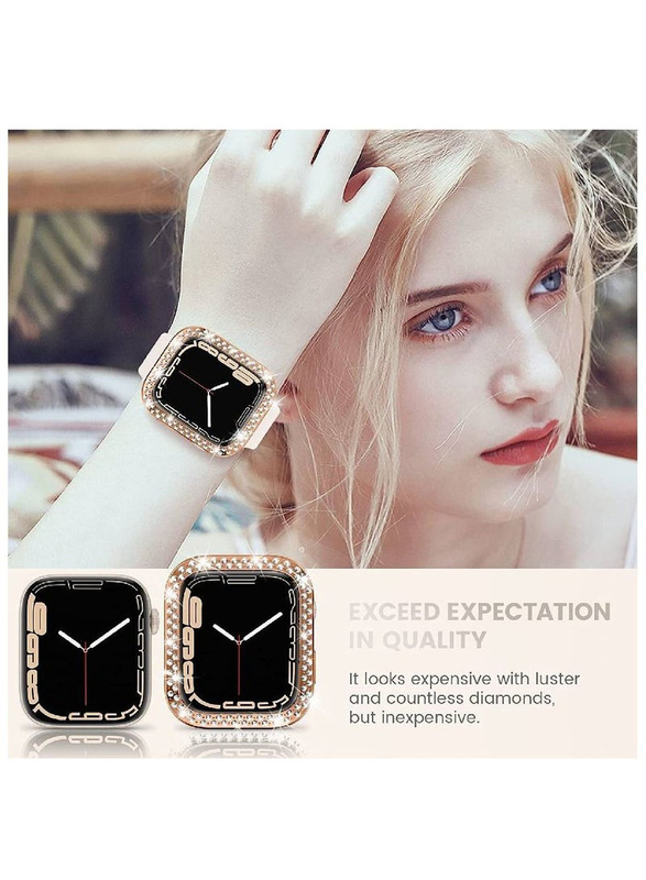 2-Piece Protective PC Bling Diamond Crystal Frame Smartwatch Case Cover for Apple Watch Series 7 41mm, Silver/Rose Gold