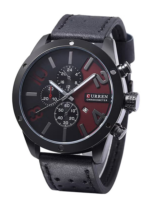 Curren Analog Watch for Men with Leather Band, Water Resistant, 8243, Black-Black/Dark Red