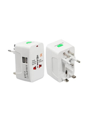 Universal Travel Adapter with Dual-USB Charging Ports, White