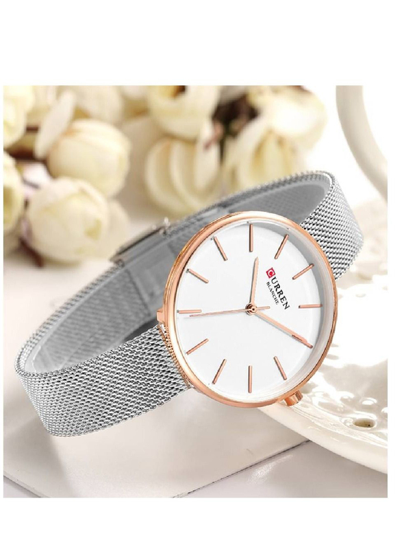 Curren Analog Watch for Women with Stainless Steel Band, Water Resistant, 9042, Silver-White