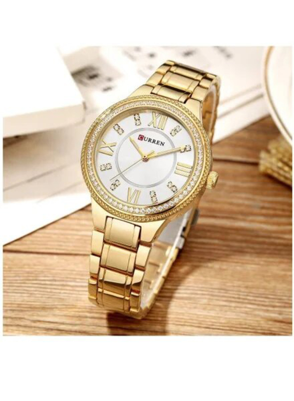 Curren Luxury Quartz Analog Watch for Women with Stainless Steel Band, Water Resistant, 9004, Gold-White