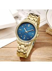 Curren Analog Watch for Women with Stainless Steel Band, Water Resistant, 9010, Gold-Blue
