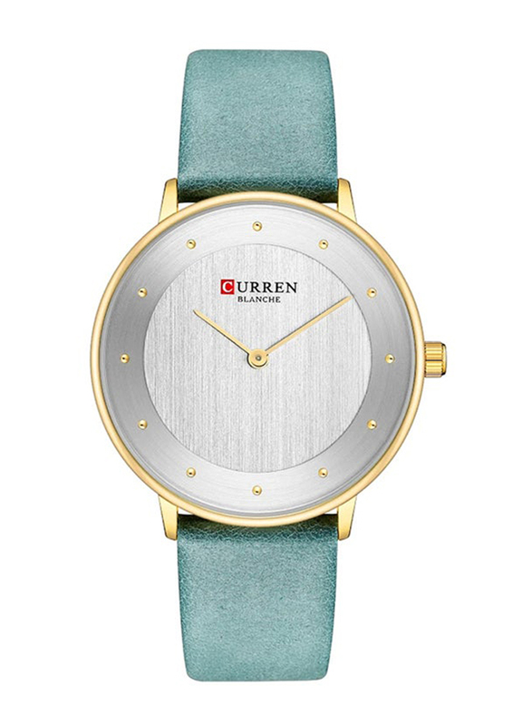 Curren Analog Watch for Women with Leather Band, Water Resistant, C9033L-3, Green-Silver