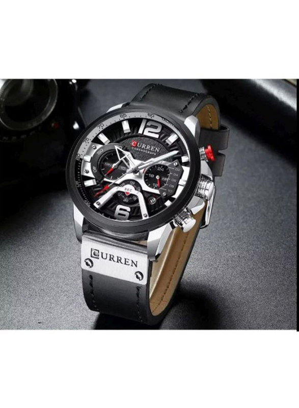 Curren Analog Watch for Men with Leather Band, Water Resistant and Chronography, 8329, Black