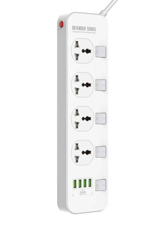 4-Socket Power Strip and 4-USB Ports Extension Board, White