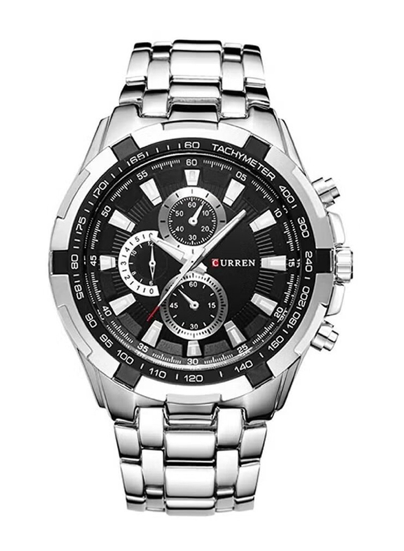 Curren Analog Watch for Men with Stainless Steel Band, Water Resistant and Chronograph, Silver-Black