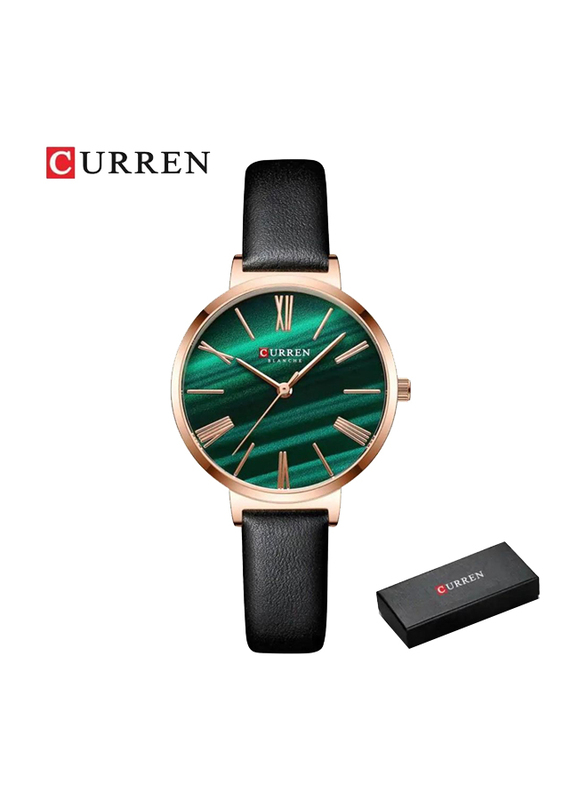 Curren Fashion Simple Analog Watch for Women with Leather Band, Water Resistant, Black-Green