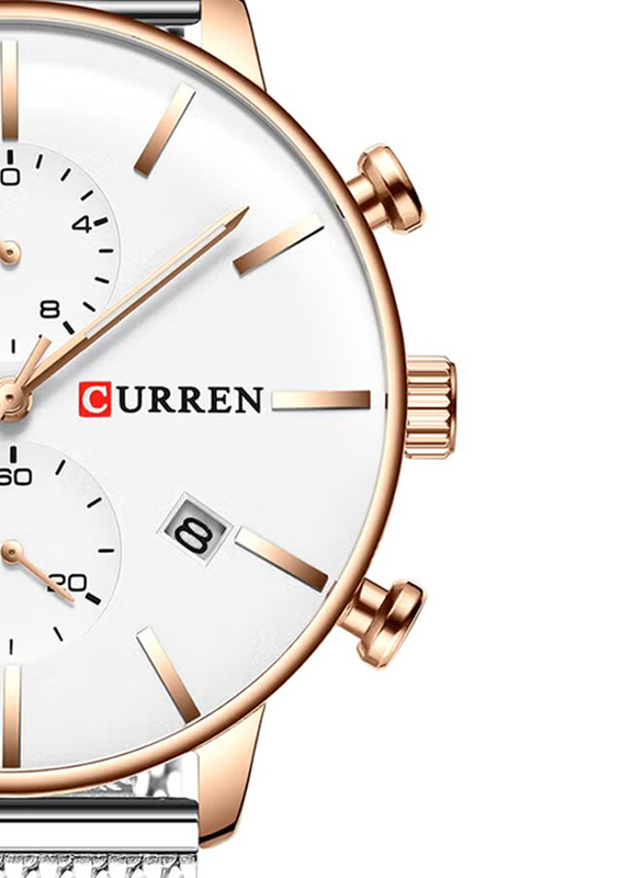 Curren Casual Quartz Analog Watch for Men with Stainless Steel Band, Water Resistant and Chronograph, 8339, Silver-White