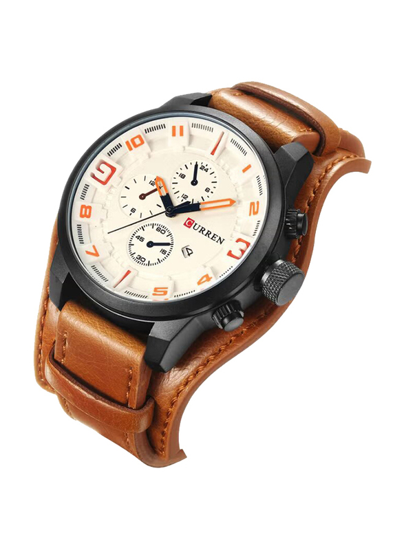 Curren Analog + Digital Watch for Men with Leather Band, Chronograph, Brown-White