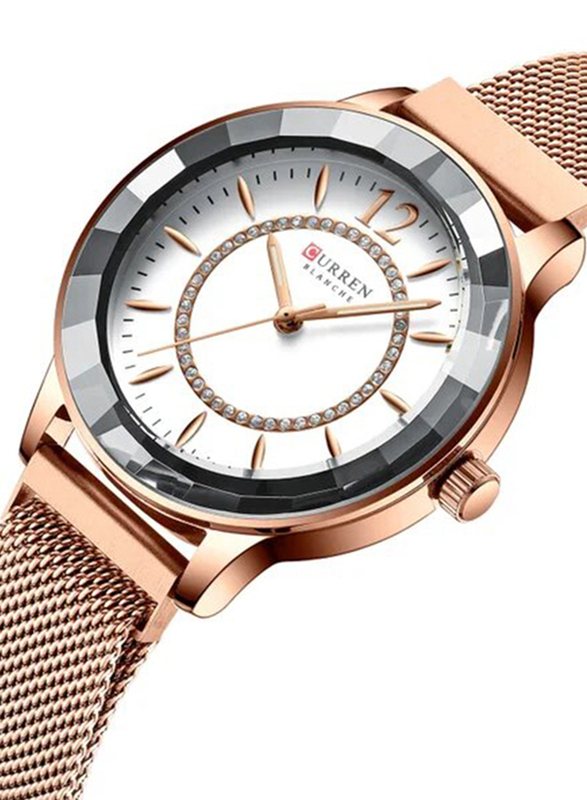Curren Analog Watch for Women with Stainless Steel Band, Water Resistant, 9066, Rose Gold-White
