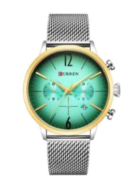 Curren Analog Watch for Men with Metal Band, Water Resistant and Chronograph, 8313, Silver-Green