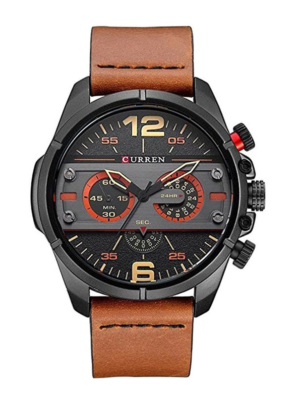 Curren Analog Watch for Men with Leather Band, Water Resistant and Chronograph, WT-CU-8259-B#D1, Brown-Black