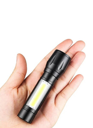 USB Mini Rechargeable Handheld Pocket Compact Portable LED Torch Light with Side Lantern, Black