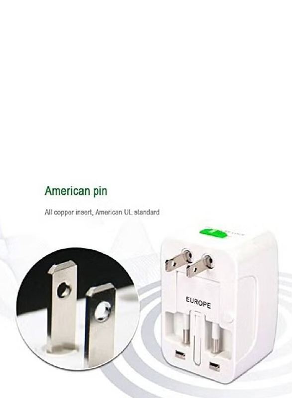 Universal Travel Adapter with Dual-USB Charging Ports, White