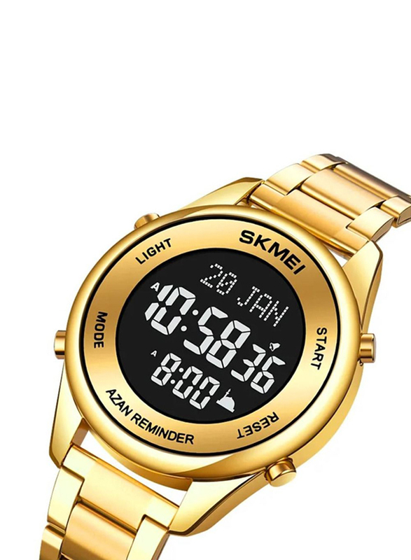 SKMEI Islamic Prayer Adhan Alarm Digital Wrist Watch for Men with Stainless Steel Band, Gold-Black