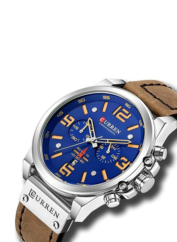 Curren Analog Watch for Men with Leather Band, Water Resistant and Chronography, 8314, Brown-Blue