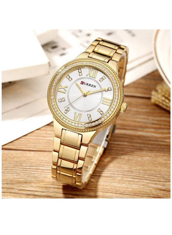 Curren Analog Watch for Women with Stainless Steel Band, Water Resistant, 9004, Gold-White