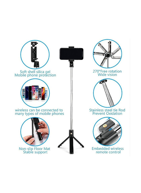 Vecolla Extendable Selfie Tripod Stick with Detachable Wireless Remote for Smartphones, Black