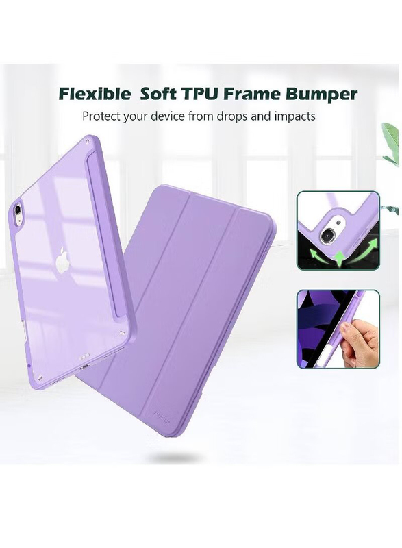 10.9-inch Apple iPad Air (4th/5th Generation) (2020/2022) Back Shell Tri-fold Protective Smart Tablet Case Cover with Pencil Holder, Purple
