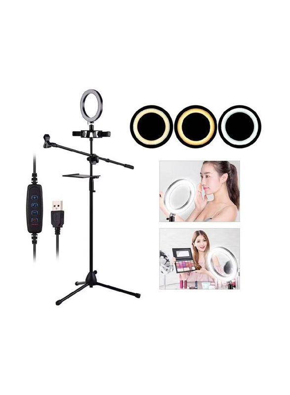 Dual Phone Holder LED Ring Light Kit with Metal Tripod Stand and Microphone Boom Arm Mic Clip, Black