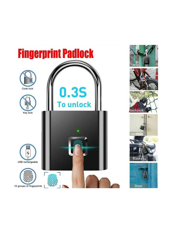 Smart Digital Alarm Smart Biometric Fingerprint Padlock, Black