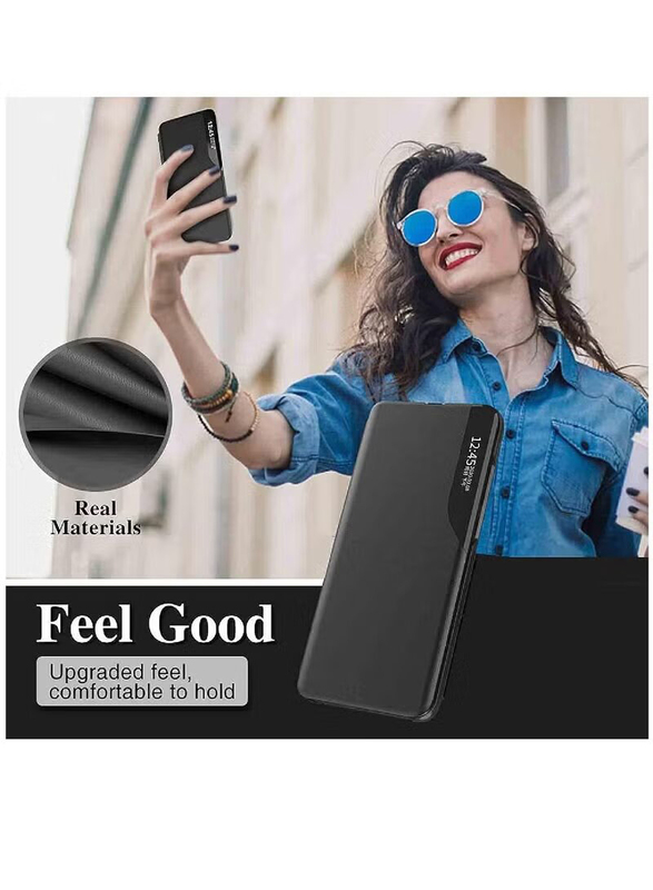 Case Me Oppo Reno 8 Lite Protective Windows Smart View Flip Foldable Kickstand Mobile Phone Case Cover, Black