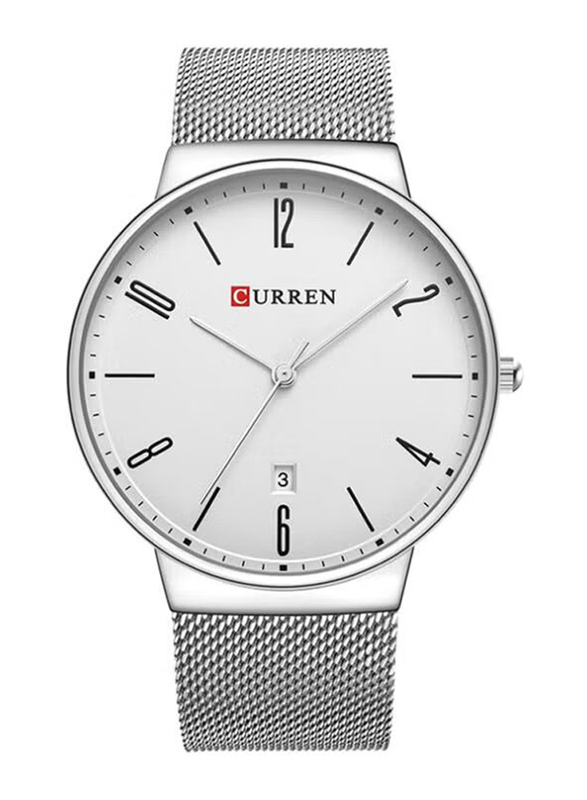 Curren Analog Watch for Men with Stainless Steel Band, Water Resistant, 8257, Silver-White