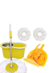 Spin Mop & Bucket with Stainless Steel Wringer, 2 Microfiber Mop Heads, 3 Scrub Brushes with 1 Glass Wiper & 1 Dust Pan Cleaning Set, 9 Pieces, Yellow/White