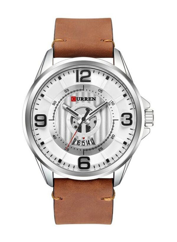 Curren Analog Watch for Men with Leather Band, Water Resistant, 8305, White-Coffee