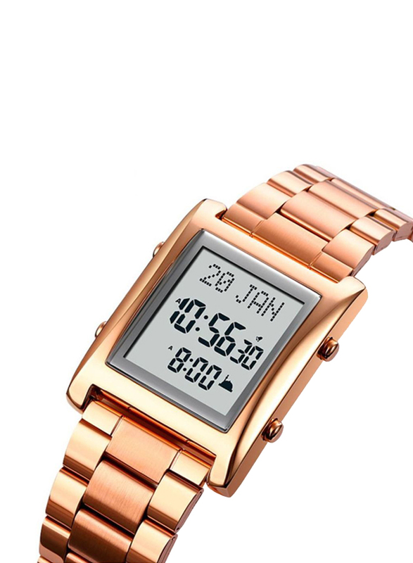 SKMEI Islamic Prayer Digital Wrist Watch for Men with Stainless Steel Band, Rose Gold-Grey