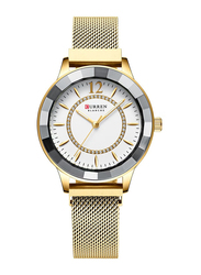 Curren Analog Watch for Women with Stainless Steel Band, Water Resistant, 9066-4, Gold-White