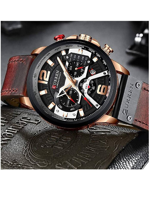 Curren Analog Watch for Men with Leather Band, Water Resistant and Chronography, N908388883A, Brown-Black