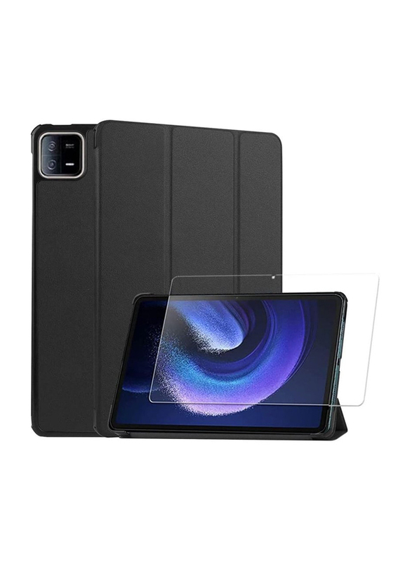 Dux Ducis Xiaomi Pad 6/Xiaomi Pad 6 Pro 2023 Premium PU Ultra Thin Smart Mobile Phone Case Cover with Tempered Glass Screen Protector, Black/Clear