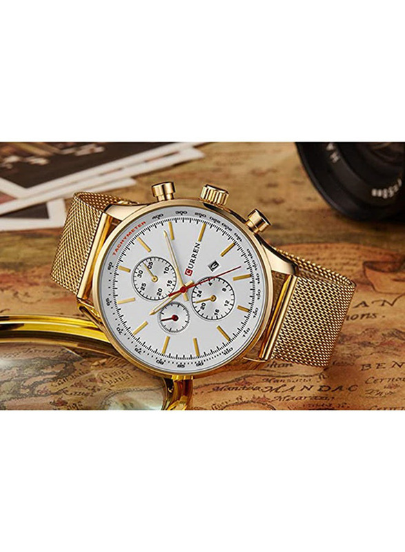 Curren Analog Watch for Men with Stainless Steel Band, Water Resistant and Chronograph, 8227, Gold-White