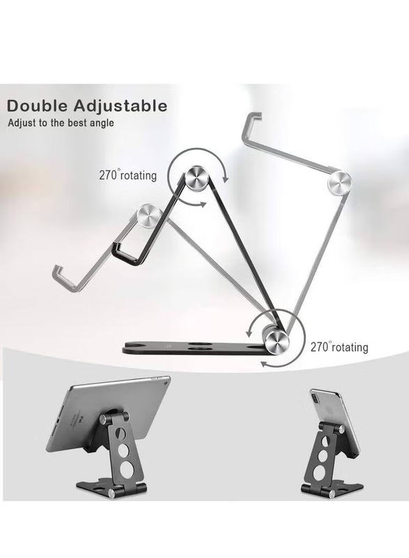 Universal Adjustable Aluminium Portable Folding Tablet and Cell Phone Stand Desktop Mounts Holder with Anti-Slip Base, Black