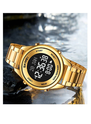 SKMEI Islamic Prayer Adhan Alarm Digital Wrist Watch for Men with Stainless Steel Band, Gold-Black