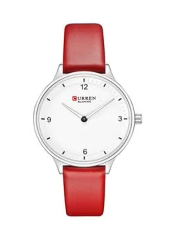 Curren Analog Watch for Women with Leather Band, Water Resistant, 9039, White-Red