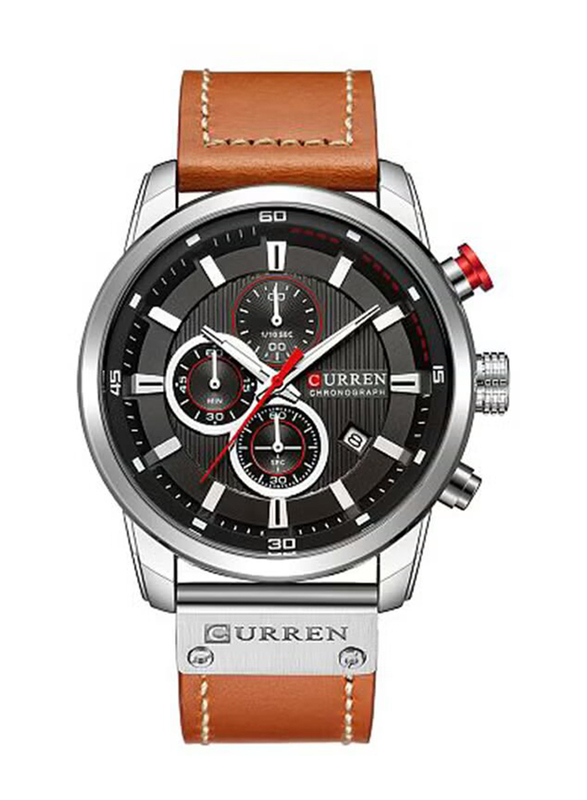Curren Date Display Analog Watch for Men with Leather Band, Water Resistant and Chronograph, 1J3103KB, Brown-Black