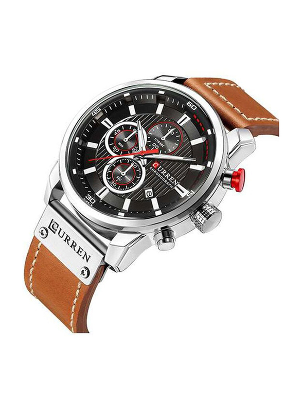 Curren Analog Watch for Men with PU Leather Band, Water Resistant and Chronograph, J3103, Coffee-Black