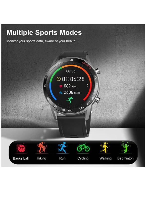 Heart Rate Blood Pressure Monitor Step Counter Sleep Tracker IP67 Waterproof 46mm Smartwatch, Black