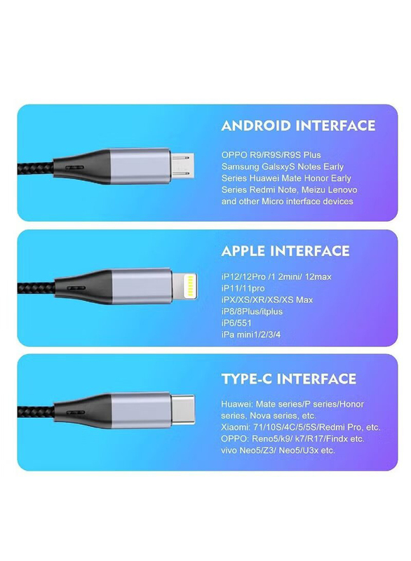 3-in-1 USB Phone Charger Cable, USB Type A to Multiple Type for Smartphones/Tablets, Grey/Black