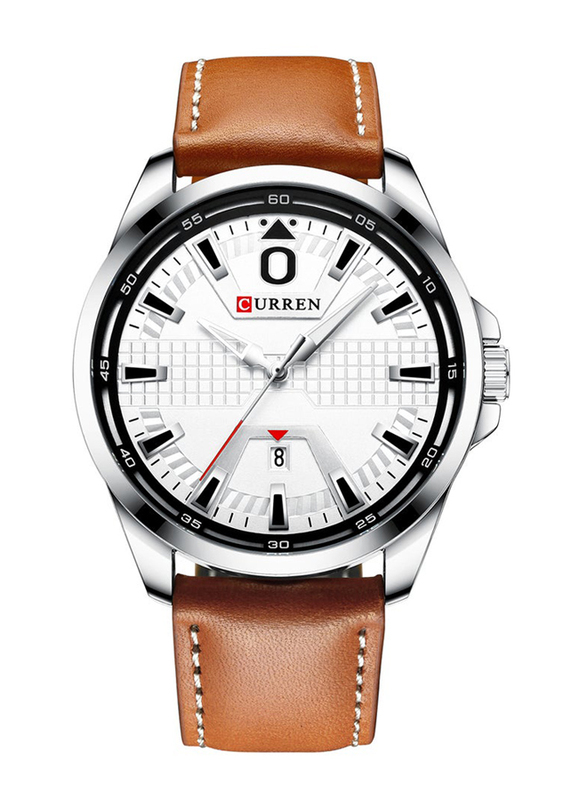 Curren Analog Watch for Men with Leather Genuine Band, Water Resistant, 8379, Brown-White