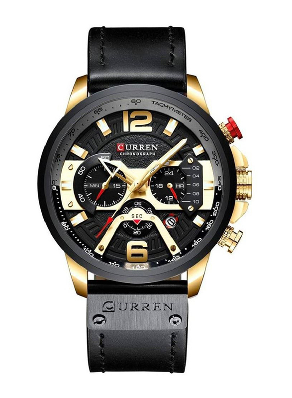 Curren Analog Watch for Men with Leather Band, Water Resistant and Chronograph, Black-Multicolour