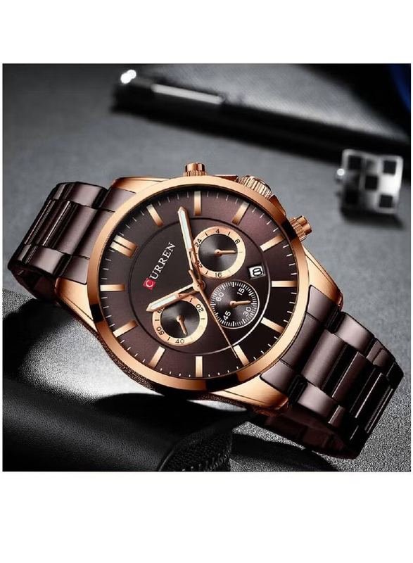 Curren Analog Watch for Men with Stainless Steel Band, Water Resistant and Chronograph, 8358, Brown-Brown