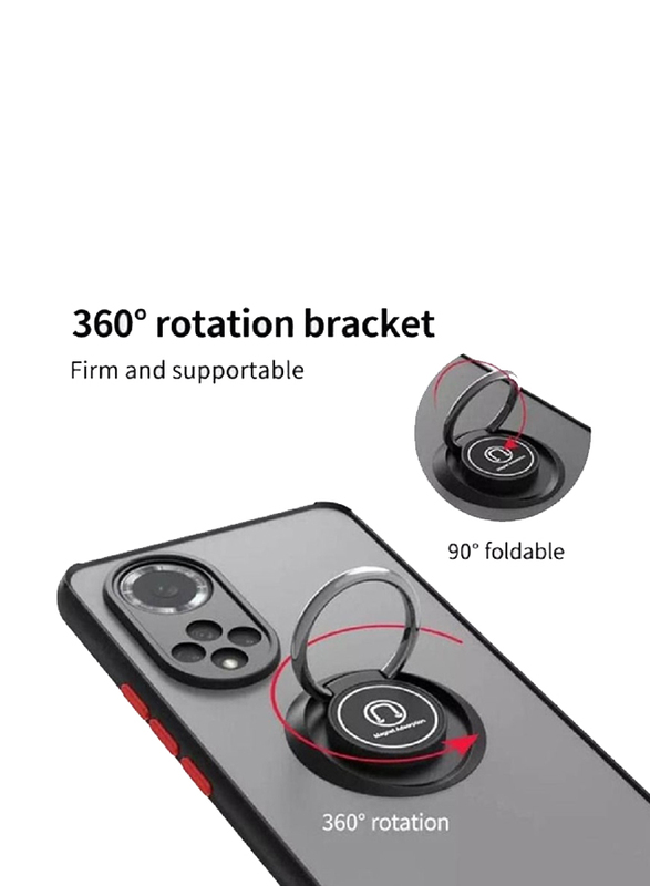 Huawei Nova 9 Flexible Silicone Mobile Phone Back Case Cover with with 360 Rotational Car Mount Magnetic Ring Holder, Black