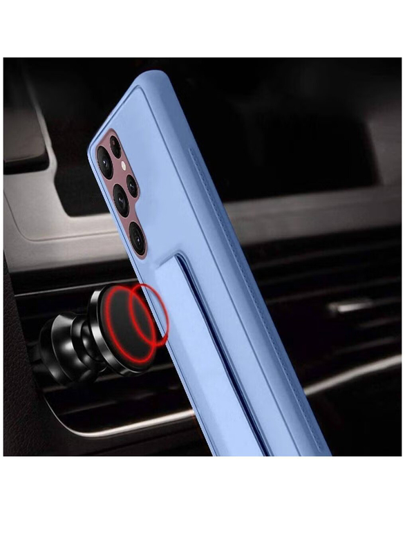 Samsung Galaxy S23 Ultra Magnetic Car Mount Kickstand & Holder Premium Silicone Vertical & Horizontal Hand Strap & Grip Mobile Phone Back Case Cover, Light Blue