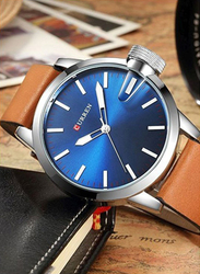 Curren Analog Watch for Men with Leather Band, Water Resistant, 8208, Brown-Blue