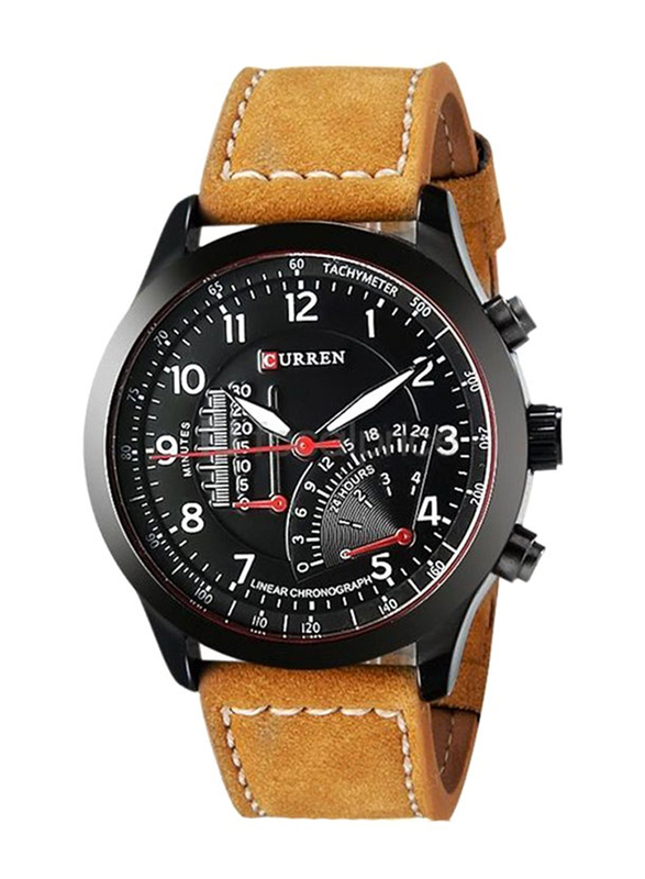 Curren Analog Watch for Men with Leather Band, Water Resistant and Chronograph, WT-CU-8152-B2#D27, Brown-Black